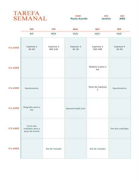 Planilha semanal de tarefas Planilha semanal de tarefas