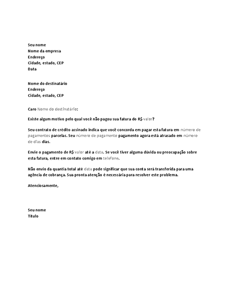Carta solicitando pagamento de conta vencida Carta solicitando pagamento de conta vencida
