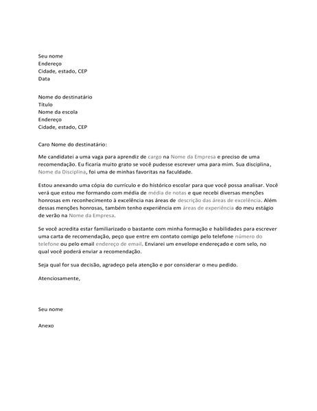 Carta para professor solicitando recomendação para emprego Carta para professor solicitando recomendação para emprego
