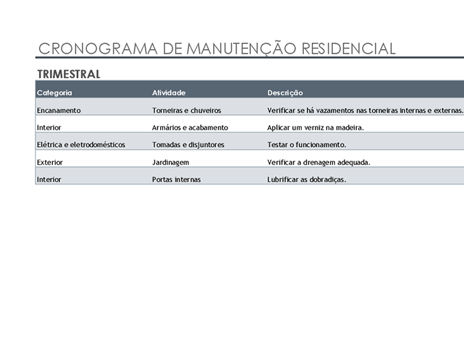 Lista de tarefas e cronograma de manutenção residencial Lista de tarefas e cronograma de manutenção residencial