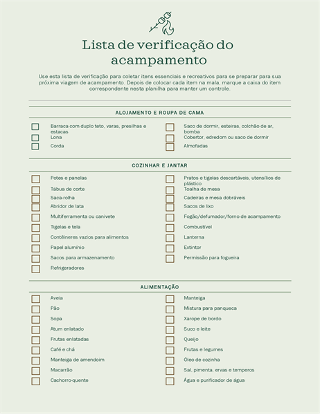 Lista de verificação de acampamento Lista de verificação de acampamento