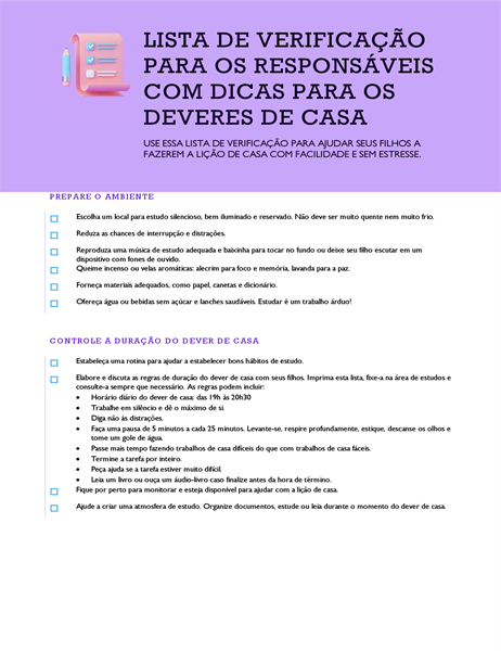 Lista de verificação com dicas para o dever de casa Lista de verificação com dicas para o dever de casa