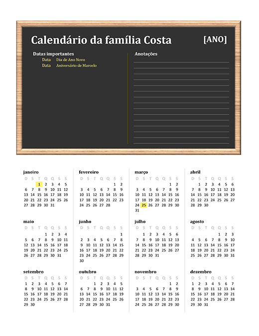 Calendário familiar (qualquer ano, dom-sáb)