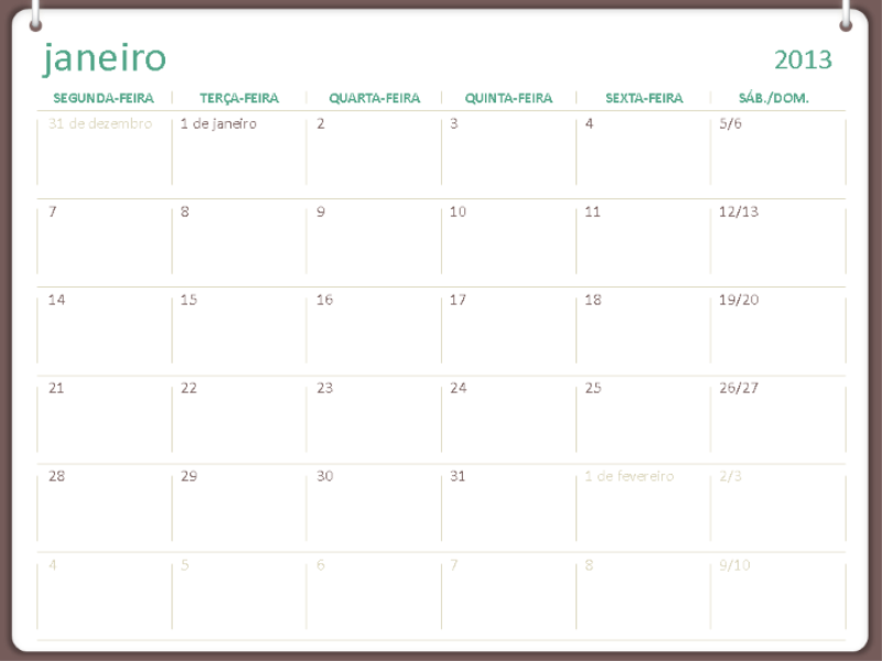 Design de calendário de 2013 de dois anéis (seg-dom) Design de calendário de 2013 de dois anéis (seg-dom)