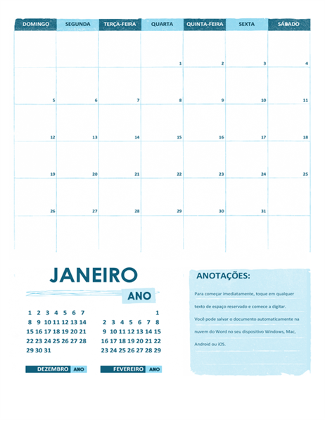 Calendário acadêmico de segunda-feira a domingo (qualquer ano) Calendário acadêmico de segunda-feira a domingo (qualquer ano)