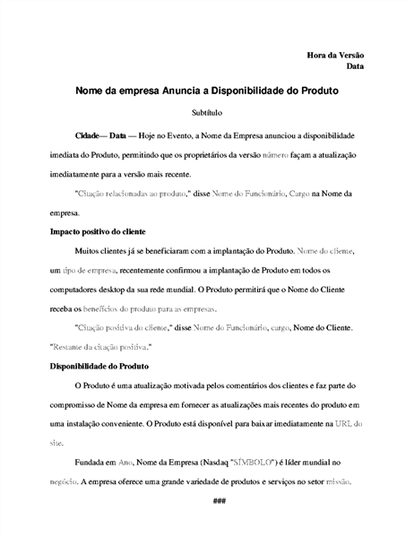 Informações à imprensa com anúncio do produto Informações à imprensa com anúncio do produto