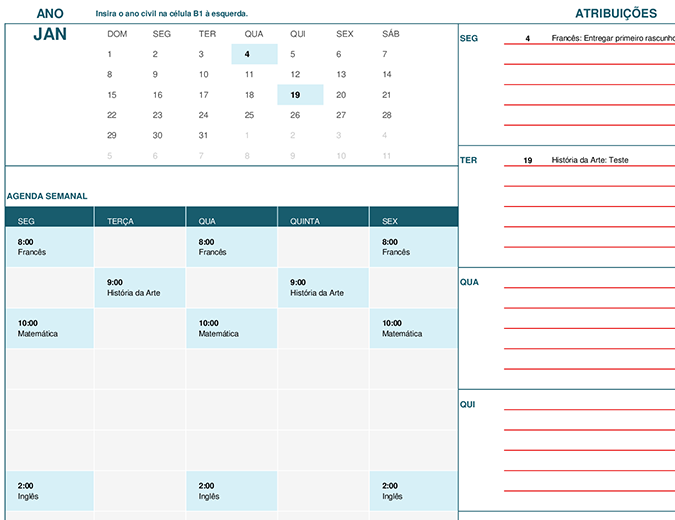 Calendário do aluno (segunda-feira) Calendário do aluno (segunda-feira)