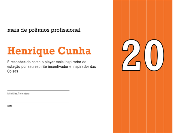Certificado de premiação do Jogador mais inspirador (título editável) Certificado de premiação do Jogador mais inspirador (título editável)