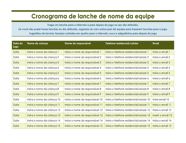 Planilha de inscrição para lanche em esportes juvenis Planilha de inscrição para lanche em esportes juvenis