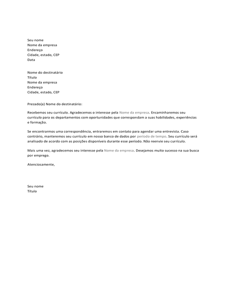 Carta de confirmação de recebimento para envio ao candidato Carta de confirmação de recebimento para envio ao candidato