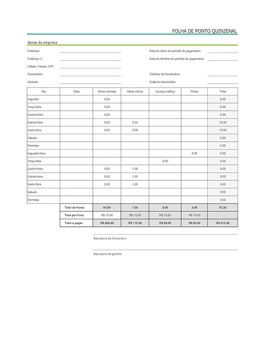 Folha de ponto quinzenal com licença médica e férias (com dados de exemplo) Folha de ponto quinzenal com licença médica e férias (com dados de exemplo)