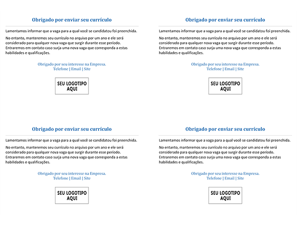 Cartão-postal para candidatos a uma vaga de emprego quando uma vaga é preenchida (4 por página) Cartão-postal para candidatos a uma vaga de emprego quando uma vaga é preenchida (4 por página)