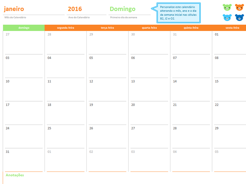 Calendário mensal para qualquer ano (12 páginas, design Ursos do Arco-Íris) Calendário mensal para qualquer ano (12 páginas, design Ursos do Arco-Íris)