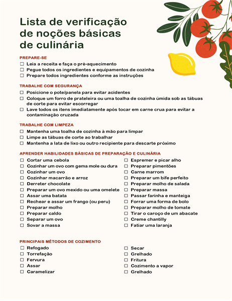 Lista de verificação de noções básicas de culinária Lista de verificação de noções básicas de culinária