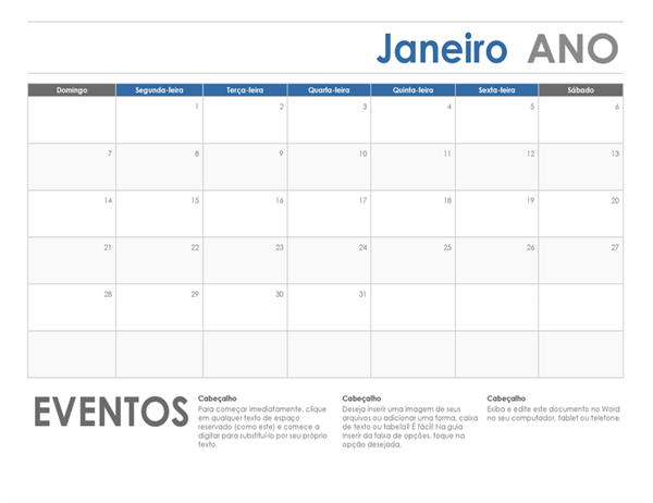 Calendário horizontal (segunda-feira) Calendário horizontal (segunda-feira)