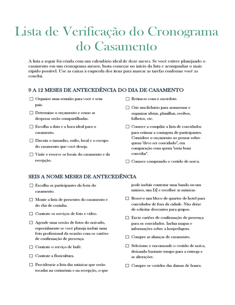 Lista de verificação do cronograma do casamento Lista de verificação do cronograma do casamento