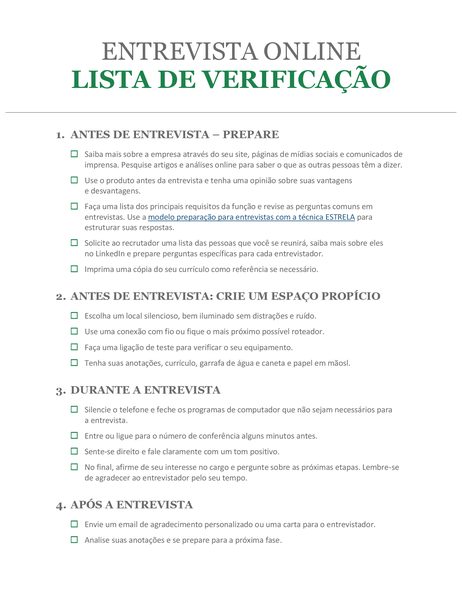 Lista de verificação para entrevista online Lista de verificação para entrevista online