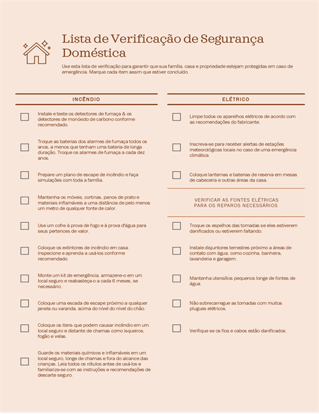 Lista de verificação de segurança doméstica Lista de verificação de segurança doméstica