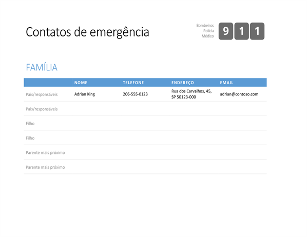Lista de contatos de emergência em negrito Lista de contatos de emergência em negrito
