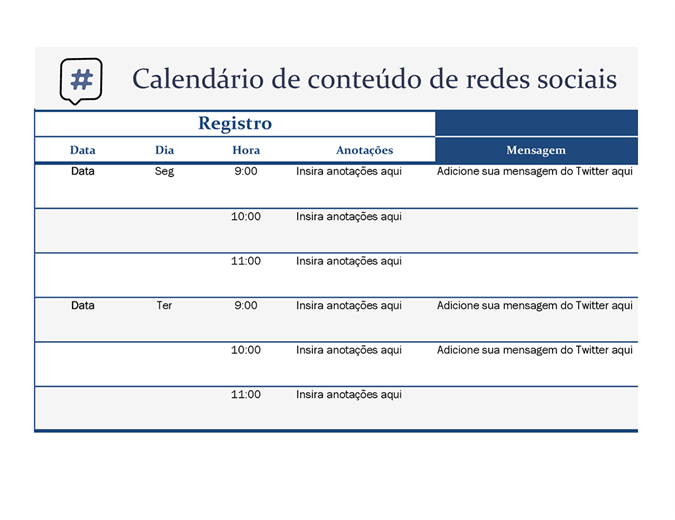 Calendário de conteúdo de mídia social Calendário de conteúdo de mídia social