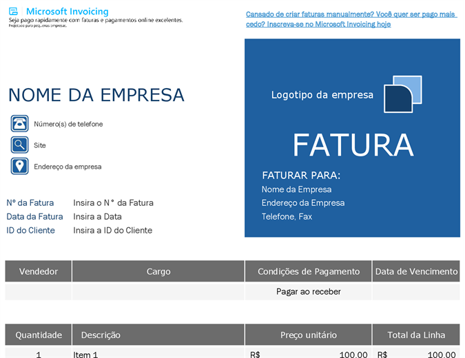Fatura da ordem com o faturamento da Microsoft Fatura da ordem com o faturamento da Microsoft