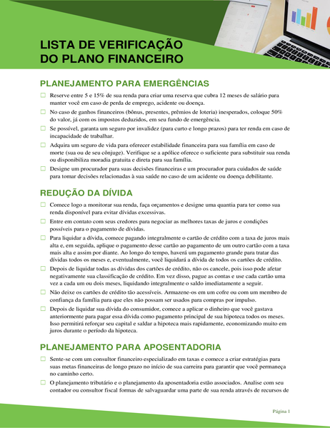 Lista de verificação de plano financeiro Lista de verificação de plano financeiro