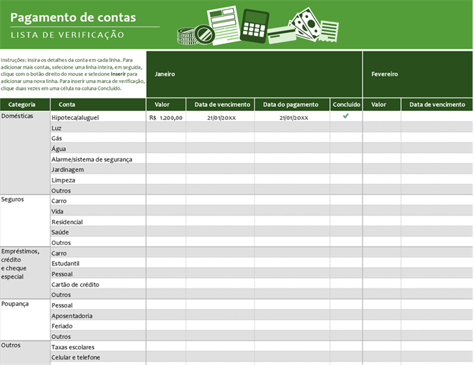 Lista de verificação de pagamentos de contas Lista de verificação de pagamentos de contas