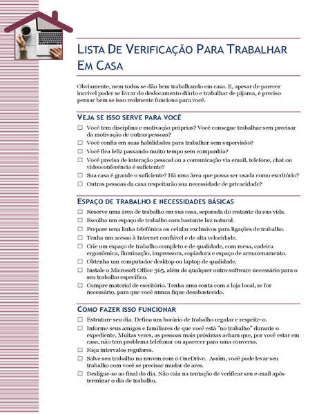 Lista de verificação para trabalhar de casa Lista de verificação para trabalhar de casa