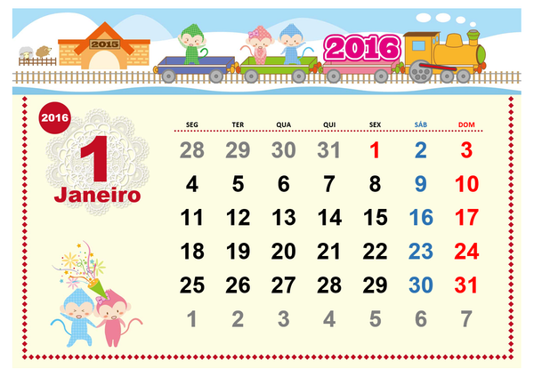 Calendário mensal ilustrado de 2016 (Seg - Dom) - Belas figuras Calendário mensal ilustrado de 2016 (Seg - Dom) - Belas figuras