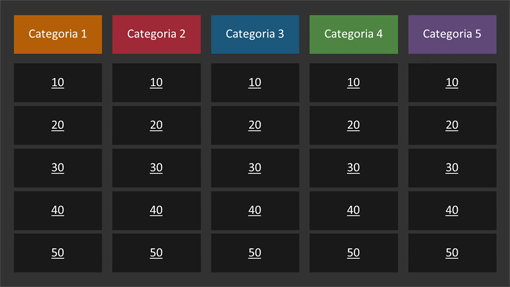 Jogo de perguntas e respostas (categorias multicoloridas, widescreen) Jogo de perguntas e respostas (categorias multicoloridas, widescreen)