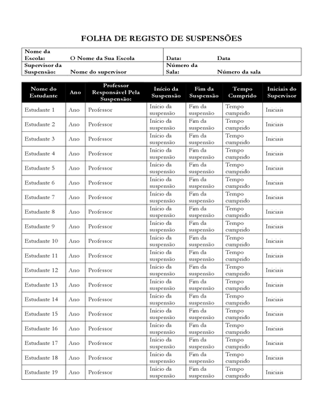 Folha de registo de suspensões de estudantes Folha de registo de suspensões de estudantes