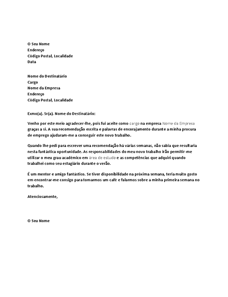 Carta de agradecimento por referência positiva de um antigo patrão que resultou em contratação Carta de agradecimento por referência positiva de um antigo patrão que resultou em contratação