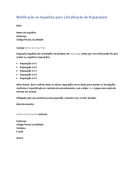 Notificação ao inquilino para a realização de reparações (carta de formulário) Notificação ao inquilino para a realização de reparações (carta de formulário)