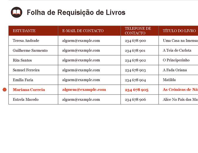 Folha de requisição de livros Folha de requisição de livros