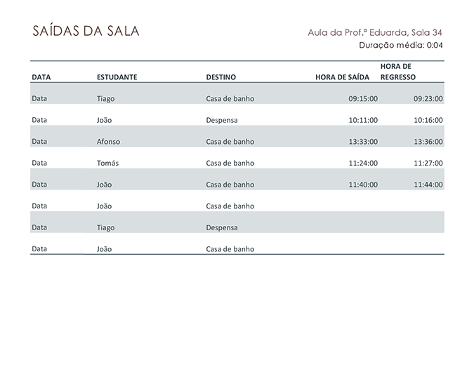 Registo de permissão para ausência da sala de aula Registo de permissão para ausência da sala de aula