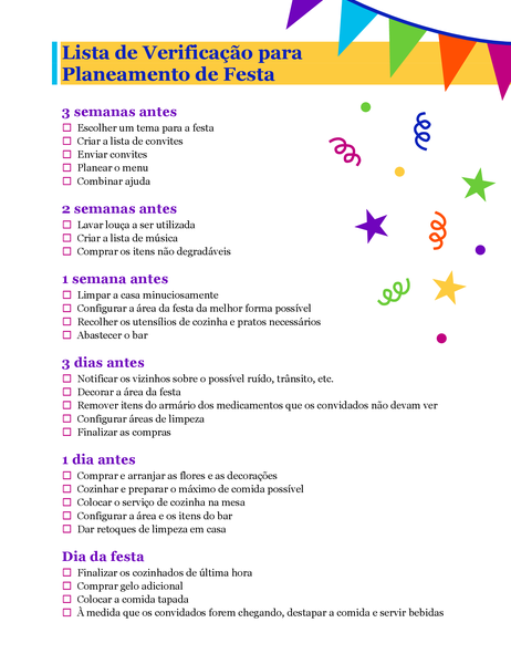 Lista de verificação para planeamento de festa Lista de verificação para planeamento de festa