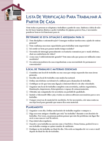 Lista de verificação para trabalhar a partir de casa Lista de verificação para trabalhar a partir de casa