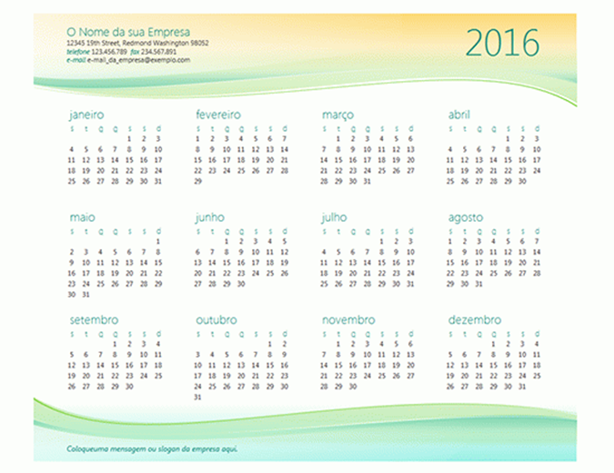 Calendário de pequenas empresas (qualquer ano)