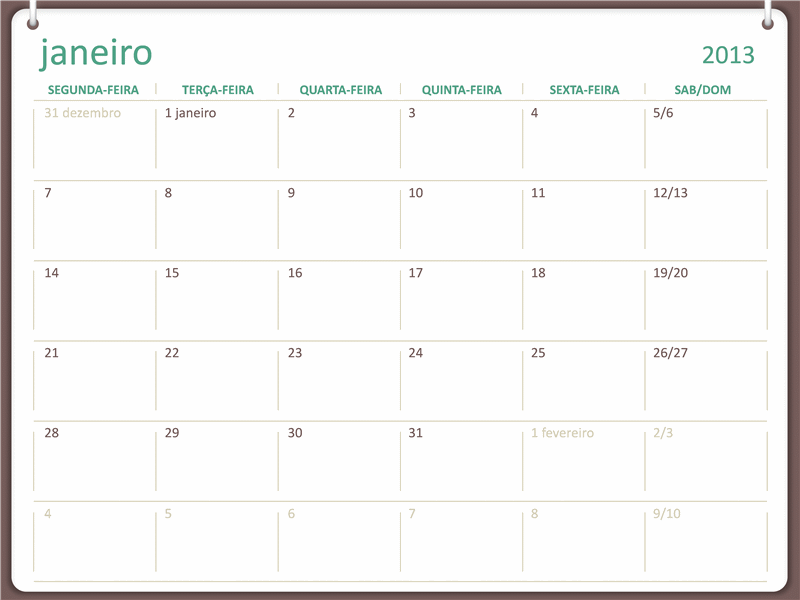 Calendário para 2013 com estrutura de dois anéis (seg-dom) Calendário para 2013 com estrutura de dois anéis (seg-dom)