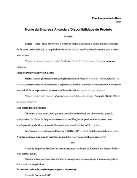 Comunicado de imprensa com anúncio do produto Comunicado de imprensa com anúncio do produto