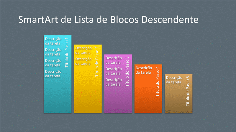 Diapositivo de SmartArt com Lista de Blocos Descendente (várias cores sobre cinzento), ecrã panorâmico Diapositivo de SmartArt com Lista de Blocos Descendente (várias cores sobre cinzento), ecrã panorâmico