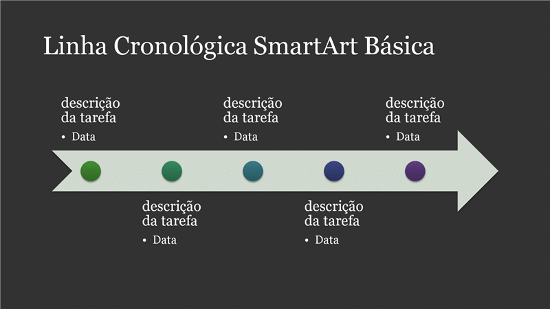 Linha Cronológica SmartArt Básica (branco sobre cinzento escuro), ecrã panorâmico Linha Cronológica SmartArt Básica (branco sobre cinzento escuro), ecrã panorâmico