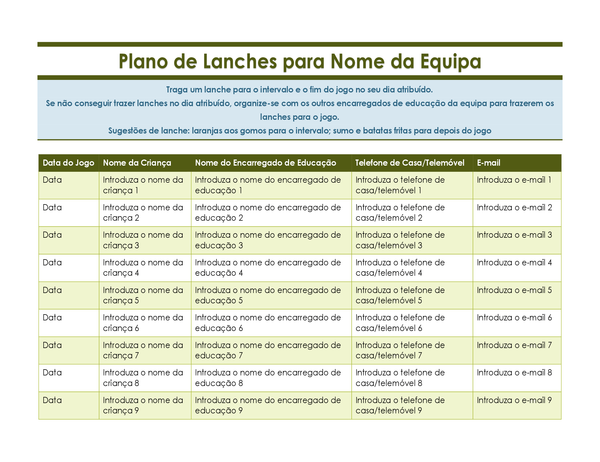 Folha de inscrição para lanches de desporto Folha de inscrição para lanches de desporto