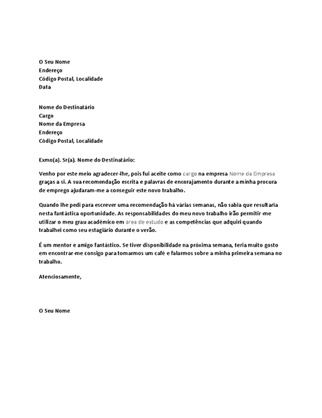 Carta de agradecimento por referência positiva de um 