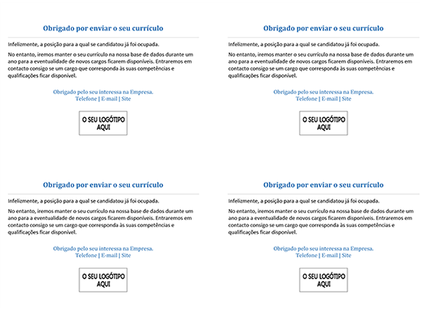 Postal para candidatos a emprego quando o cargo foi ocupado (quatro por página) Postal para candidatos a emprego quando o cargo foi ocupado (quatro por página)