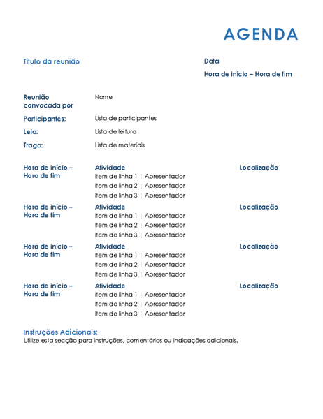 Agenda de reunião para todo o dia (formal)