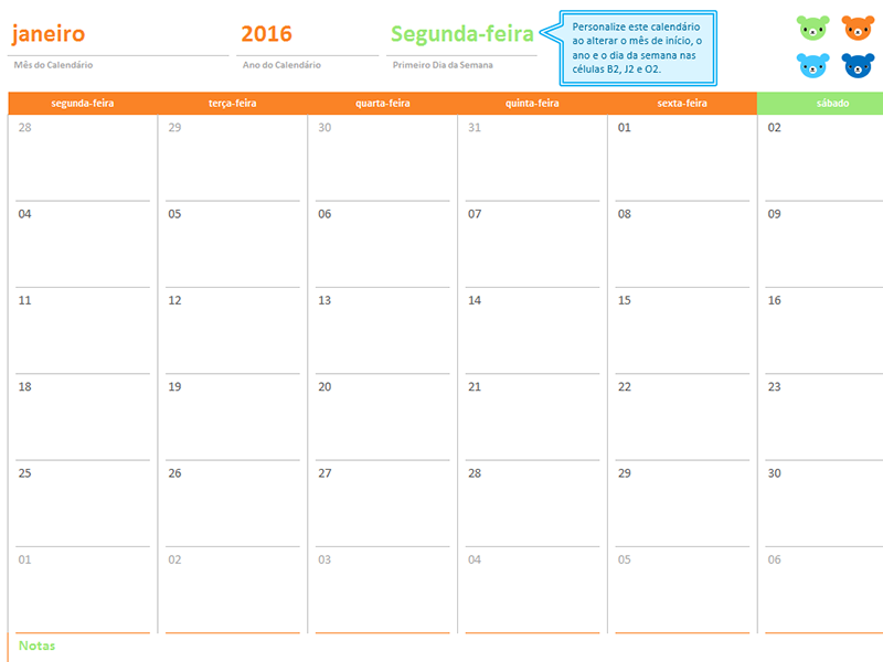Calendário mensal para qualquer ano (12 páginas, design Arco-íris)