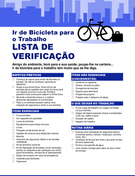 Lista de verificação para trajeto diário de bicicleta Lista de verificação para trajeto diário de bicicleta