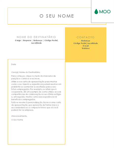 Carta de apresentação elegante e simples, concebida pela MOO Carta de apresentação elegante e simples, concebida pela MOO