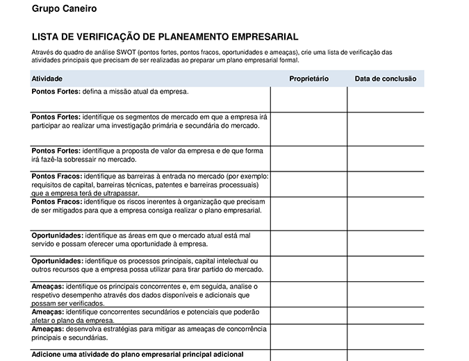 Lista de verificação de plano empresarial Lista de verificação de plano empresarial
